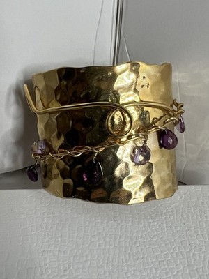 Beautiful IMAN Gold Cuff Bracelet With Purple Gems One Size Fits Most