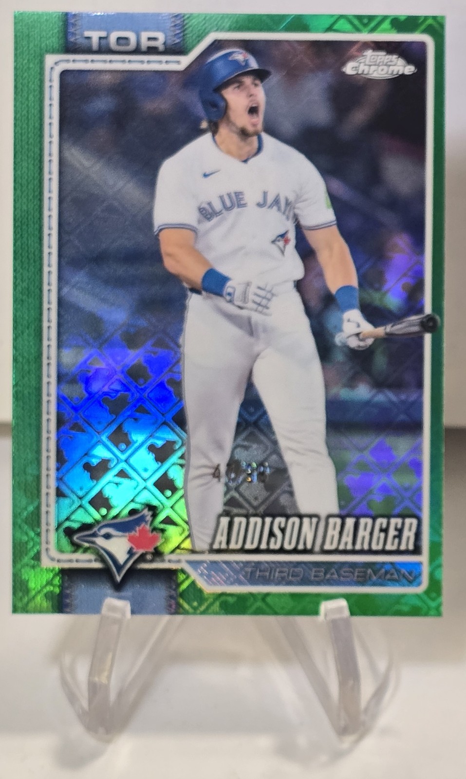 2026 Topps Chrome LogoFractor Addison Barger #276 Green Refractor /99 Blue Jays