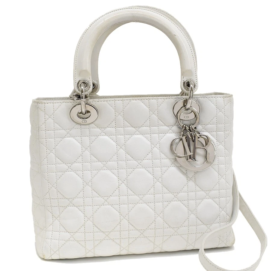 Sac à main Christian Dior Lady Dior moyen cannage blanc cuir T00S
