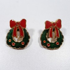 Christmas Wreath Bow Earring Green Red Glass Gold Tone Stem Pierced Earrings