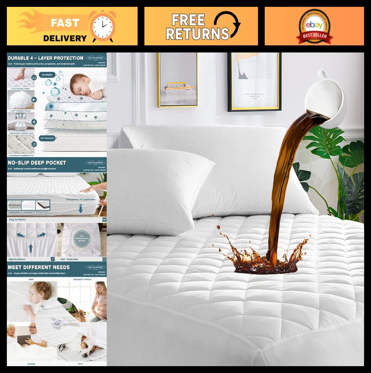 Full XL Waterproof Mattress Pad Protector - Deep Pocket, Soft, Stain Resistant,