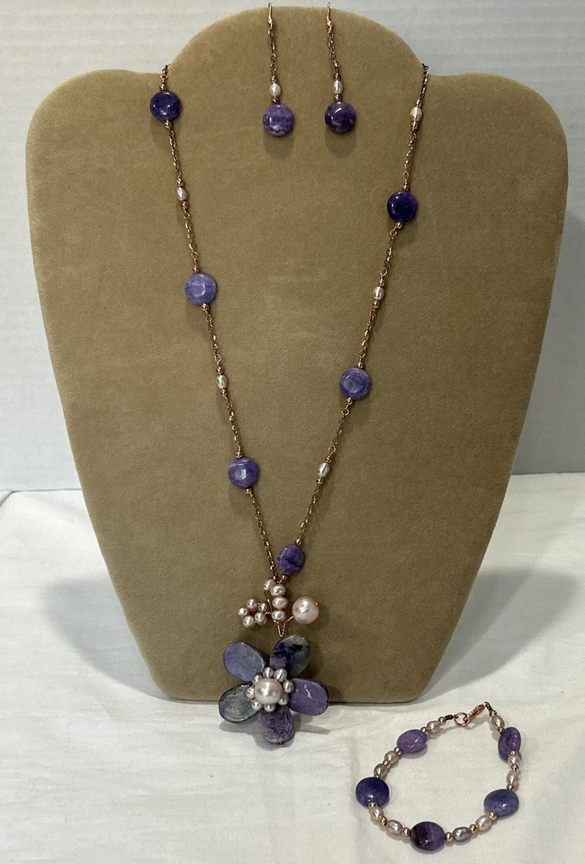 Genuine Charoite With Pearls Floral Necklace, Bracelet And Earrings Set - Image 4 of 4