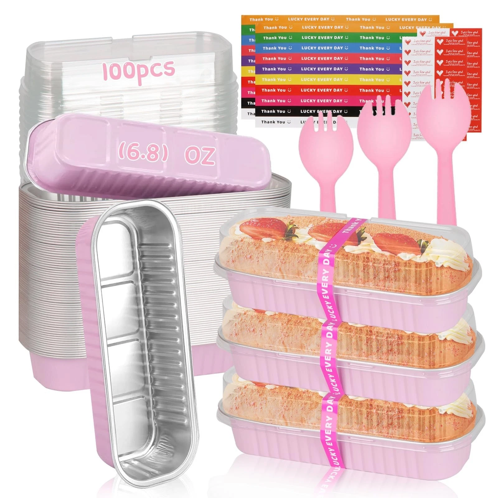100 Pack Mini Loaf Pans with Lids & Spoons - Disposable Aluminum Baking Pans 6.8