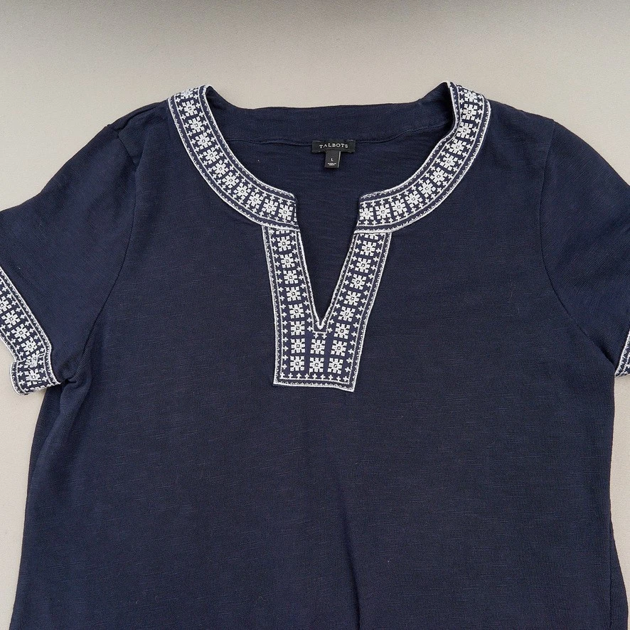 TALBOTS Shift Dress Sz L Navy Cotton Knit Preppy Nautical Embroidered Neckline - Image 2 of 4