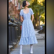 LoveShackFancy NWT Terrence Midi Dress blue floral smocked waist Cottagecore XS