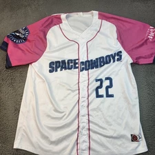 Sugar Land Space Cowboys Jersey Mens White Pink MiLB Baseball Button Front 22