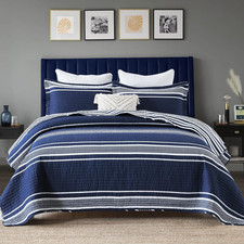 Queen Quilt Set - 100 Cotton Queen Quilt, Navy Blue Striped Quilt for Queen Bed