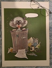 1970's Animal Cartoon A3 Lithograph Print Cat Funny Humorous Retro Art