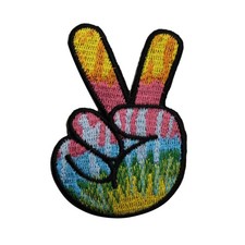 Colorful Peace Sign Fingers Embroidered Iron On Patch - Hippie Groovy 122-O