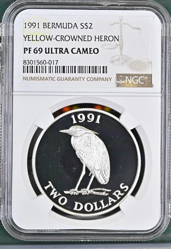 1991 BERMUDA SILVER S$2 DOLLARS YELLOW CROWNED HERON NGC PF 69 ULTRA CAMEO