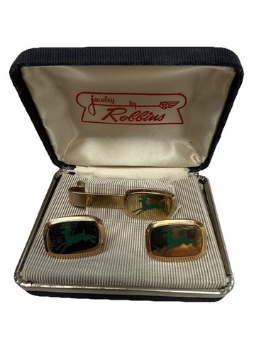 Rare Vintage John Deere Cuff Links Tie Clip Set Jewelry by Robbins Co Gold Tone