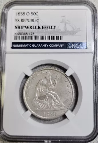 1858-O SS Republic NGC Shipwreck Effect! Seated Liberty Half Dollar
