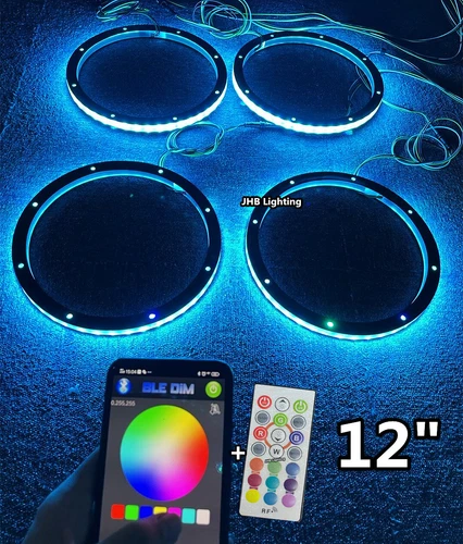 JHB 4PCS 12" RGB Color Change LED Remote Bluetooth Ctrl Speaker Rings Lights Kit