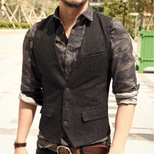 Men's British Retro Herringbone Slim V-neck Wollen Waistcoat Tweed Dress Vests