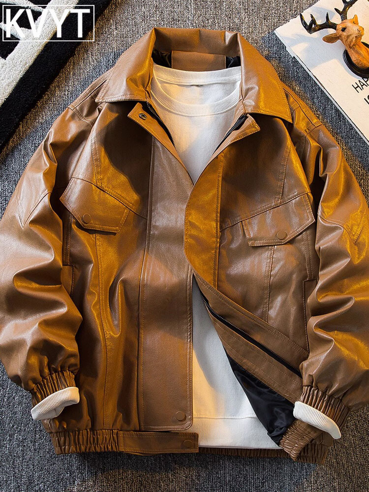 ジャケット・アウター PASTING LIKE SYNTHETIC LEATHER JACKET Men Oversized Leather Jackets Mens Faux Leather Bomber
