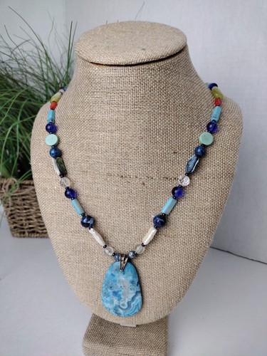 925 STERLING SILVER CLASP NECKLACE NATURAL SEA AGATE TURQUOISE BEADS GEMSTONE - Picture 1 of 11