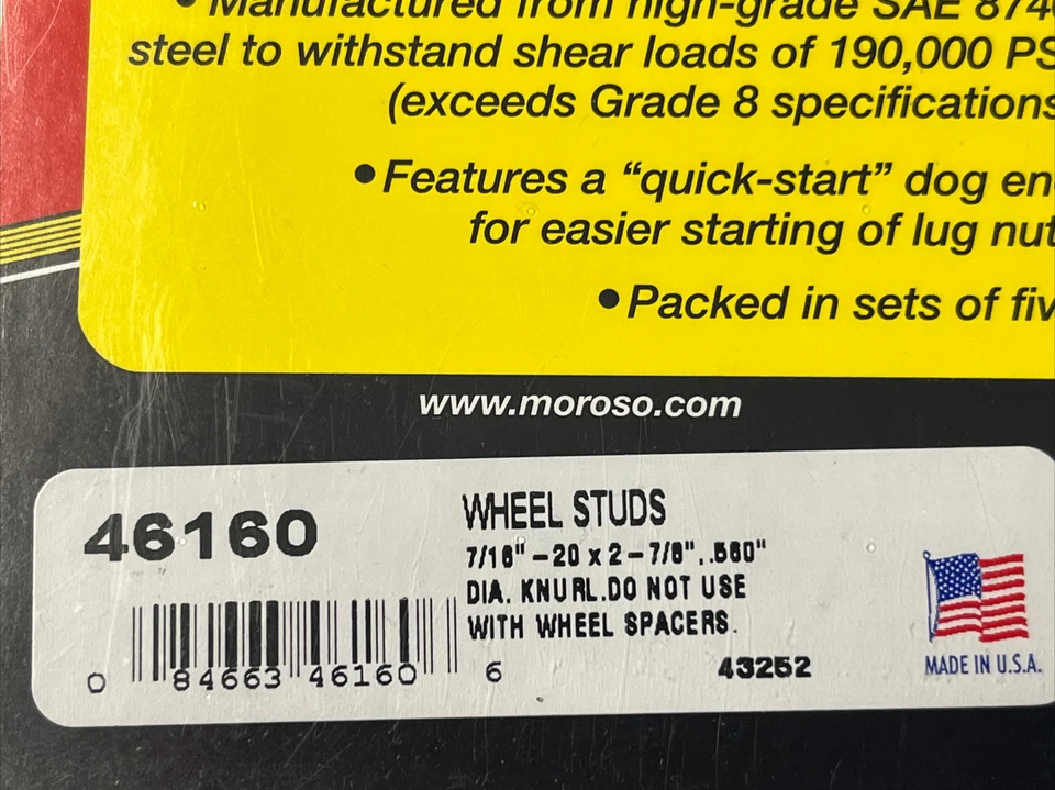 Колесные шпильки Moroso #46160 7/16 дюйма - 20 2-7/8 дюйма длина 0,560 накатки удлиненный дисковый тормоз GM - Изображение 3 из 4