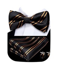 Bow Ties for Men Pre-Tied Pocket Square with Cufflinks Mens Black Gold Stripe