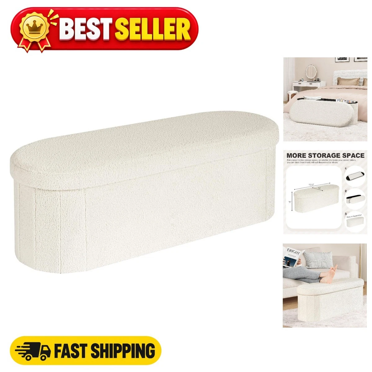 Folding Storage Ottoman Bench Cream Boucle Velvet 110 cm Large Capacity 270 kg