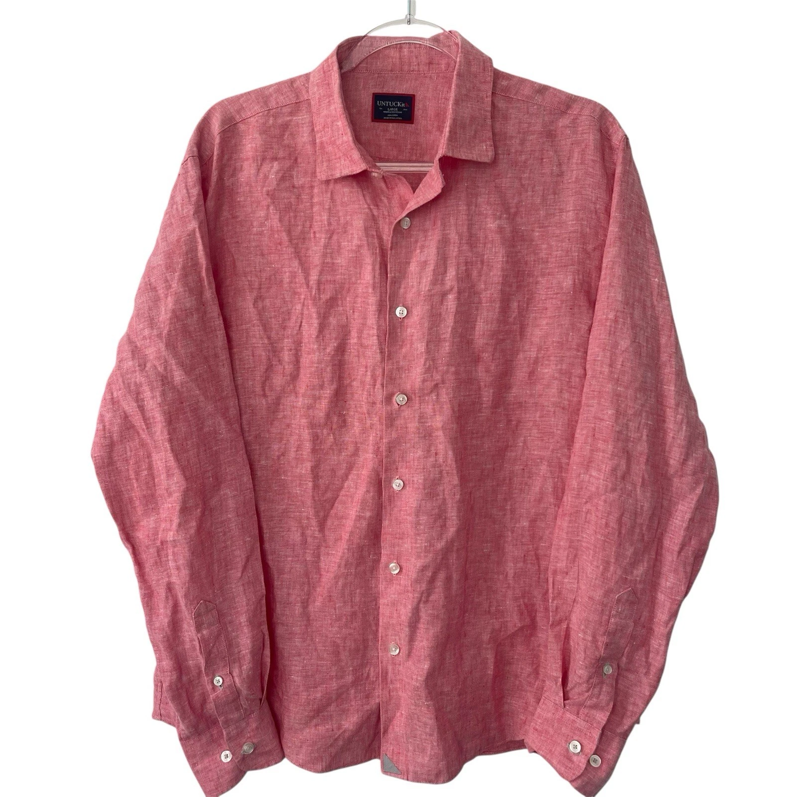 UNTUCKit Button Down Shirt Large Red 100% Linen Long Sleeve Beach Resort Natural