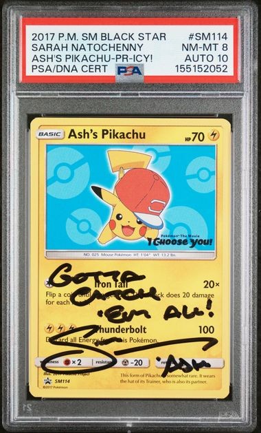 2017 Sarah Natochenny Signed Ash's Pikachu Black Star Promo #SM114 NM PSA 8