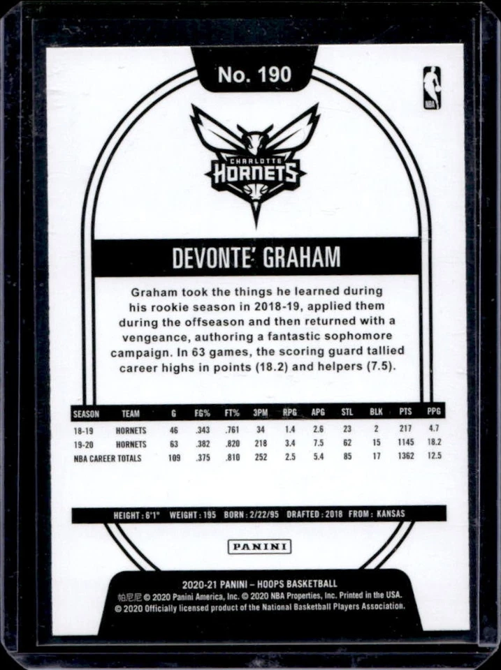 2020-21 Panini Hoops Devonte Graham Yellow #190 Hornets - Image 2 of 2