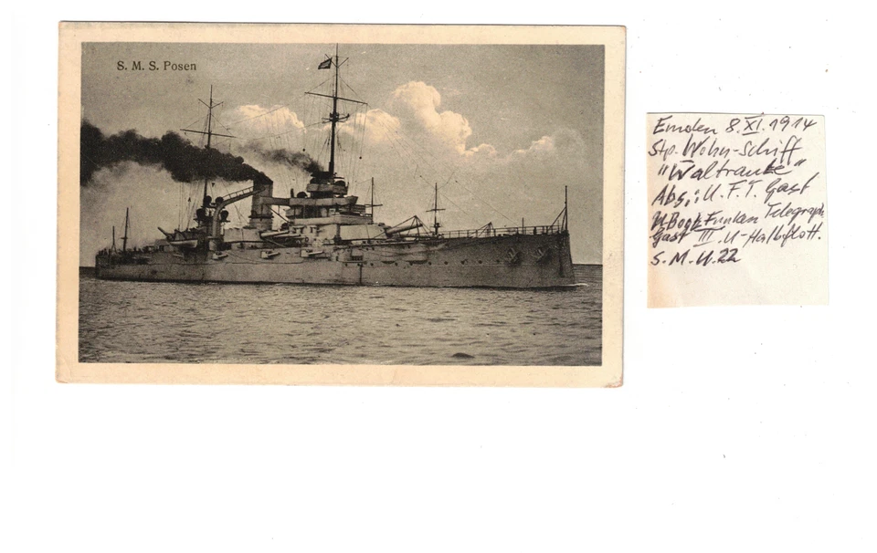 9Q Feldpost Emden 8.XI.1914 Unterseebot U 22 Wohnschiff "Waltraute" n.Cossebaude - Bild 2 von 2