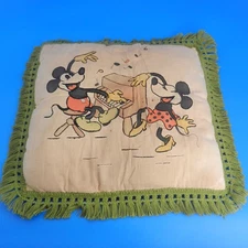 Vintage Walt Disney Mickey & Minnie Mouse EMBROIDERED PILLOW Fringe 1930s