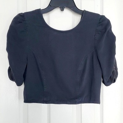 Lelis Collection Crop Top Charcoal Gray Puff Sleeve Open Back Tie Coastal Boho M