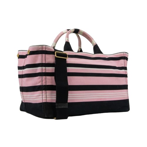 Prada Canapa Luggage Pink Black Canvas Tote Bag Large Rare Authentic Ladies