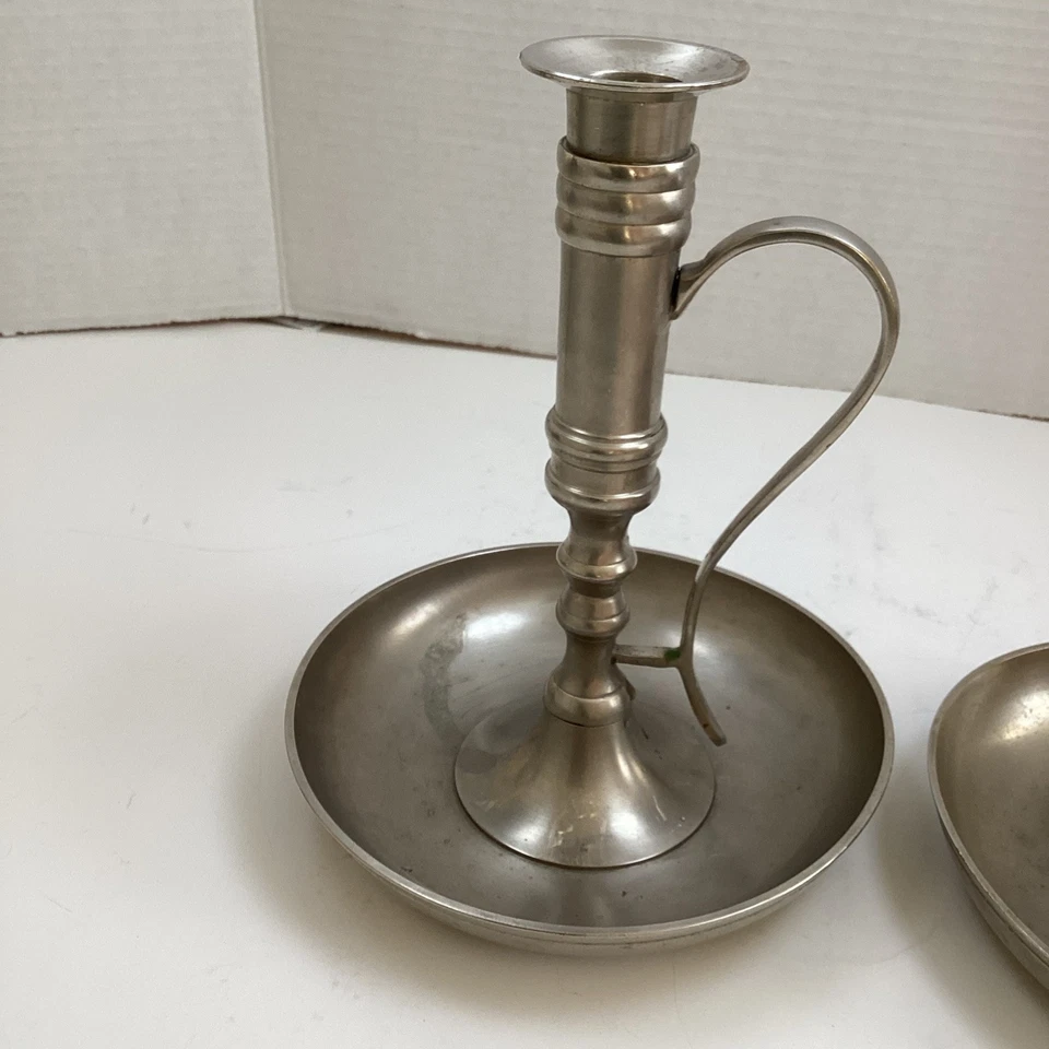 Pier 1 older metal candlesticks w/ handles possibly pewter or brushed nickel - Image 2 of 4