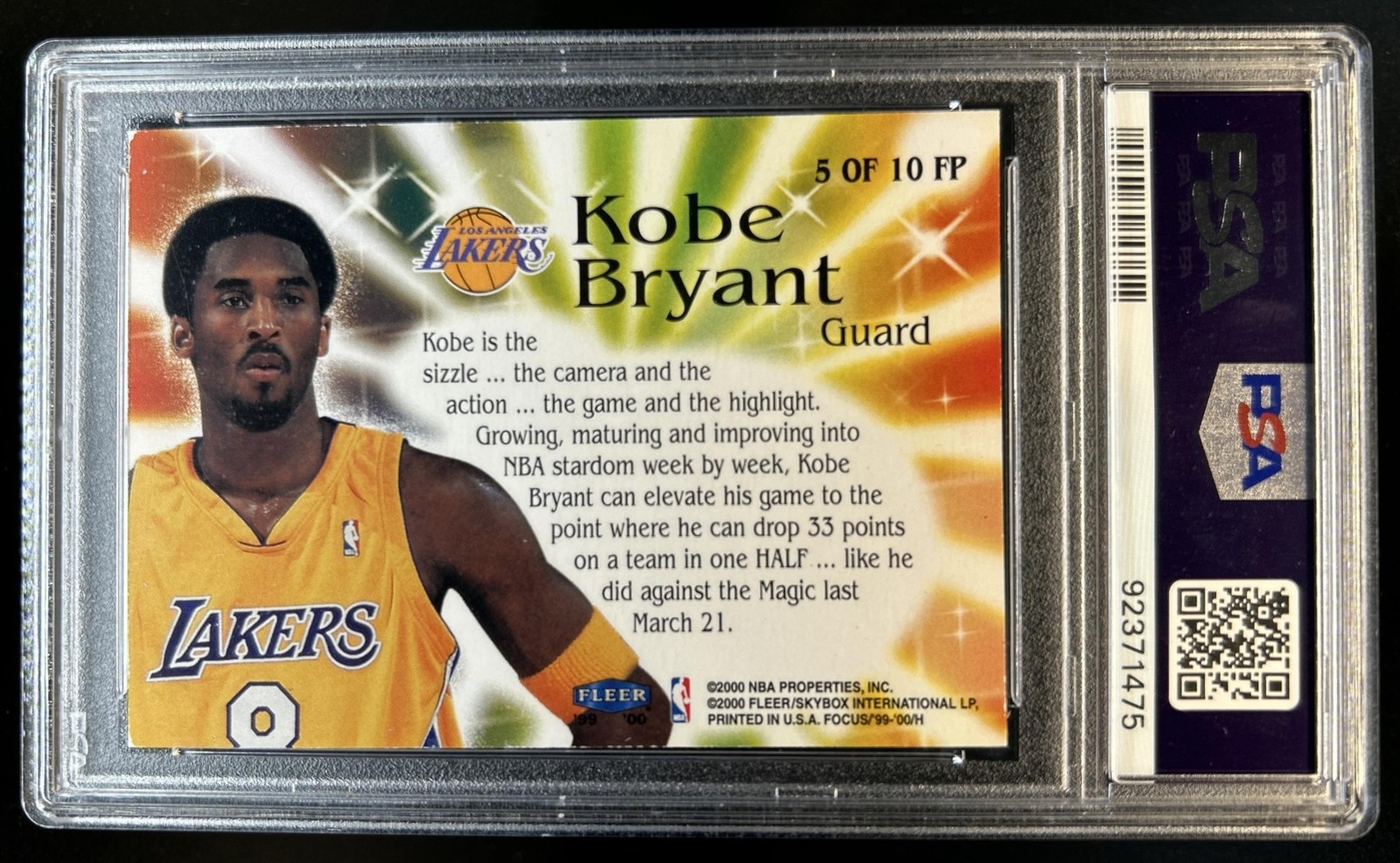 1999-00 Fleer Focus Kobe Bryant Pocus #5 FP Lakers PSA 7 view 2