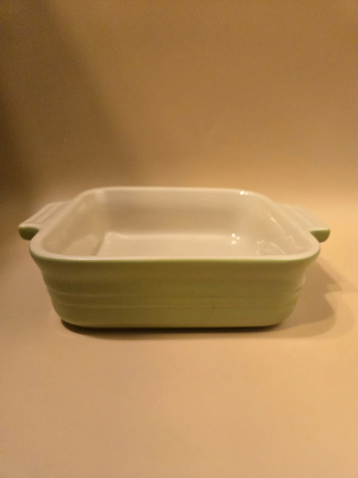 Le Creuset 5 1/2" X 5 1/2"X 2 3/4" Baking Dish Beige/ Green Ex. Cond.