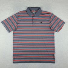 Under Armour Polo Shirt Mens XL Gray Orange Striped Performance Loose Heatgear
