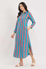 Women Long Sleeve Striped Shirt Dress Maxi Midi Casual Button Front Pockets