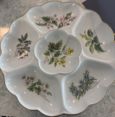 1990 Royal Worcester Herbs Large Chip /Veggie/App & Dip Platter Mint!