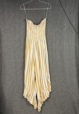 Angie Smocked Striped Wide-Leg Jumpsuit Yellow White Blue S Rayon Ruffle