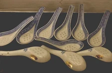 Jingdezhen Rice Eye Porcelain Translucent Grain Soup Spoon White/Blue Lot-10-Vtg