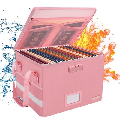 Pink Fireproof Document File Box With Lock Zipper Pockets Letter/Legal Folder