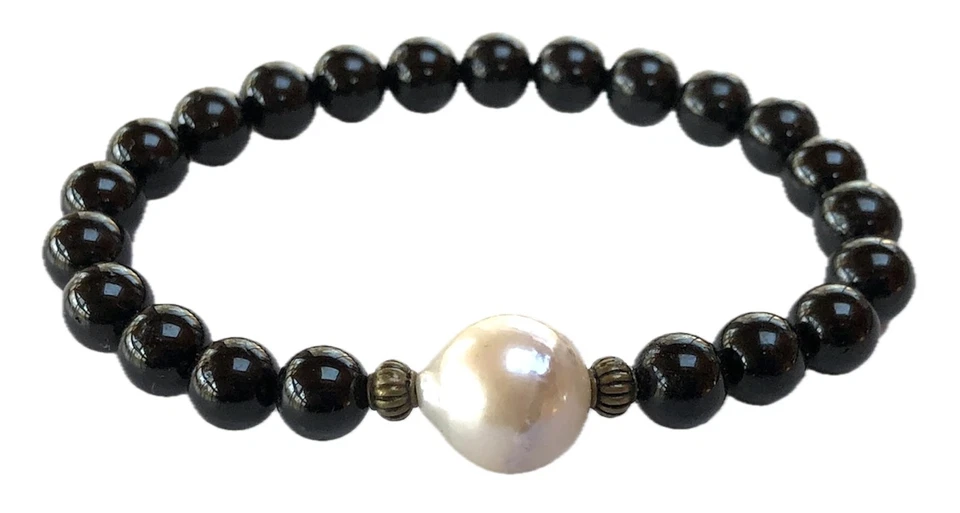 Black Tourmaline and Pearl Stretch Bracelet - Image 2 of 4