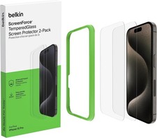 Belkin ScreenForce 9H Tempered Glass Screen Protector for iPhone 15 Pro, 2-Pack.