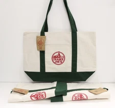 (Set of 3) Trader Joe's Large Canvas Tote Reusable Bag 20x14x6" Green/White NEW
