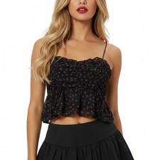 Babydoll Cami Top Sz S Black Floral Cropped Ruffle Coquette Goth Fairy Grunge