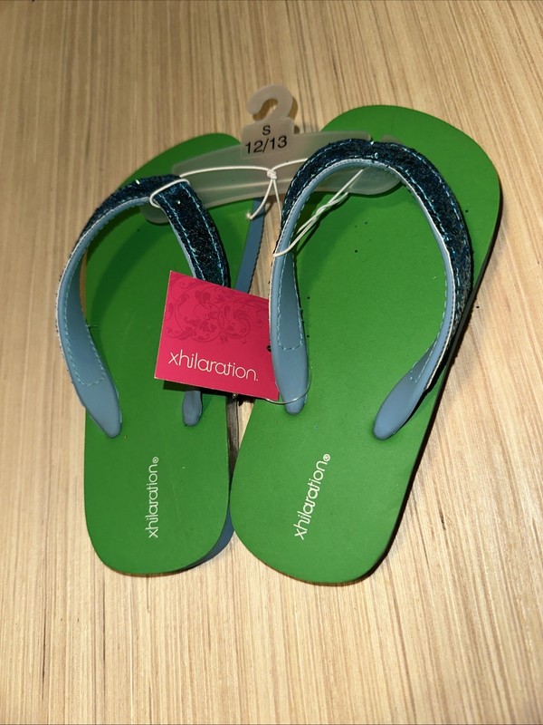 Xhilaration Girls Flip Flops Sandals ~ Blue Glitter~ Green ~ Size S(12/13)- New