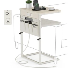 C Shaped End Table with Charging Station, 33" Tall Side Table for Couch, C Ta...