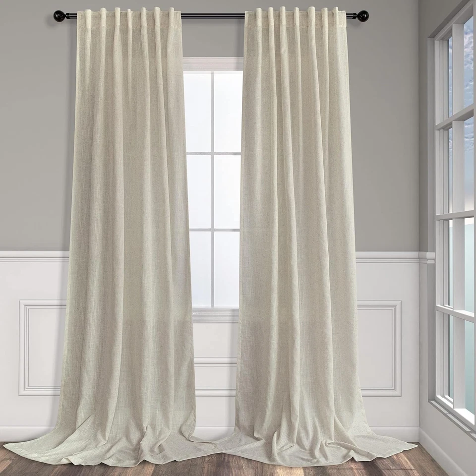 Rustic Farmhouse Linen Curtains 96" Long 2 Panels Semi Sheer - Image 3 of 4