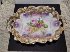 VINTAGE PORCELAIN DOUBLE HANDLED BOWL~FRUIT/FLORAL~GOLD GUILD~GERMANY