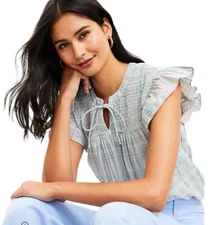 Loft Womens Plaid Smocked Ruffle Tie Neck Top Green Cotton Sz S 