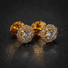 3Ct Round Cut Moissanite Flower Stud Screw Back Earrings 14K Yellow Gold Plated