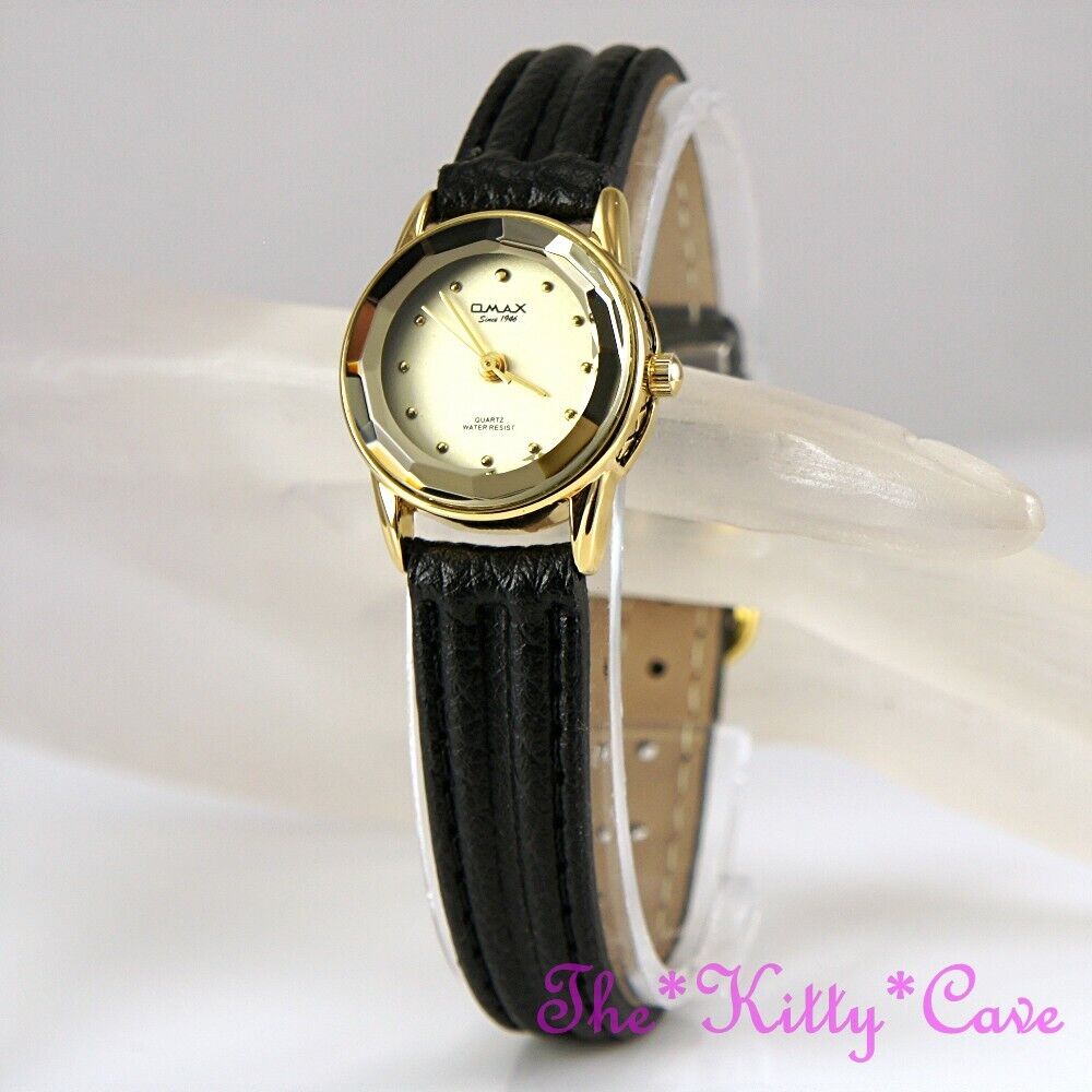 OMAX Seiko Movement Gold Plt, Cut Glass Mineral Slim Leather OMAX Seiko Movement Gold Plt, Cut Glass Mineral Slim Leather